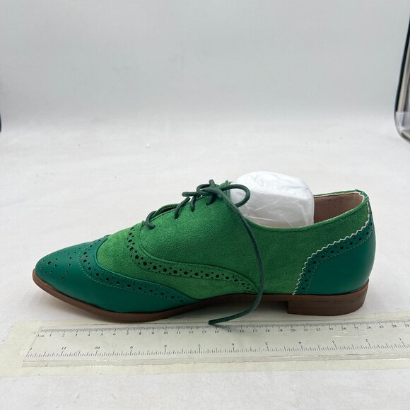 Green Lace Up Oxford Carving Saddle Block Brogues Wingtip Derby Low Heels Shoes - Picture 1 of 7